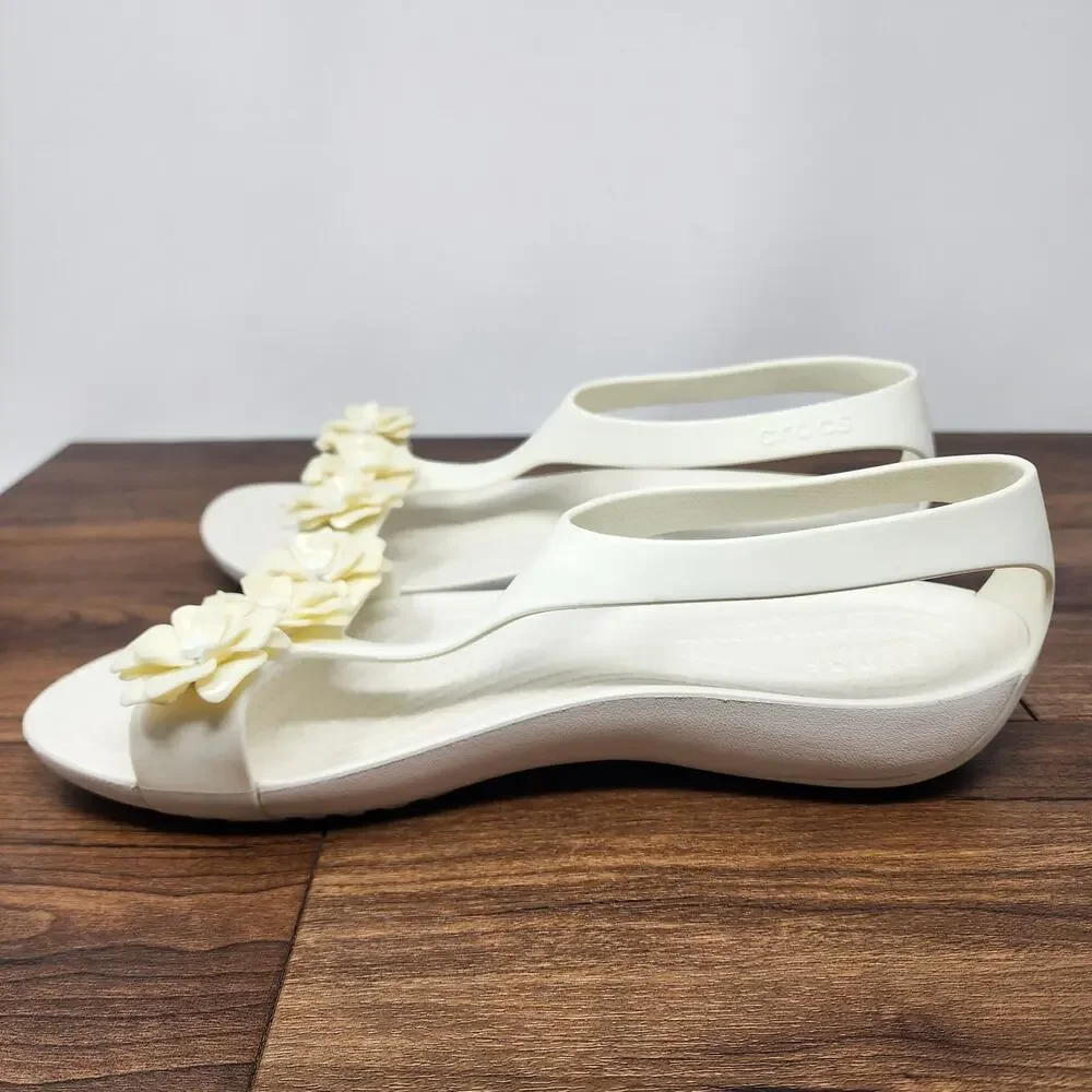 Crocs Serena Flower Embellished Flat T-Strap Sandal Women 10 Ivory and Cream - Picture 8 of 14